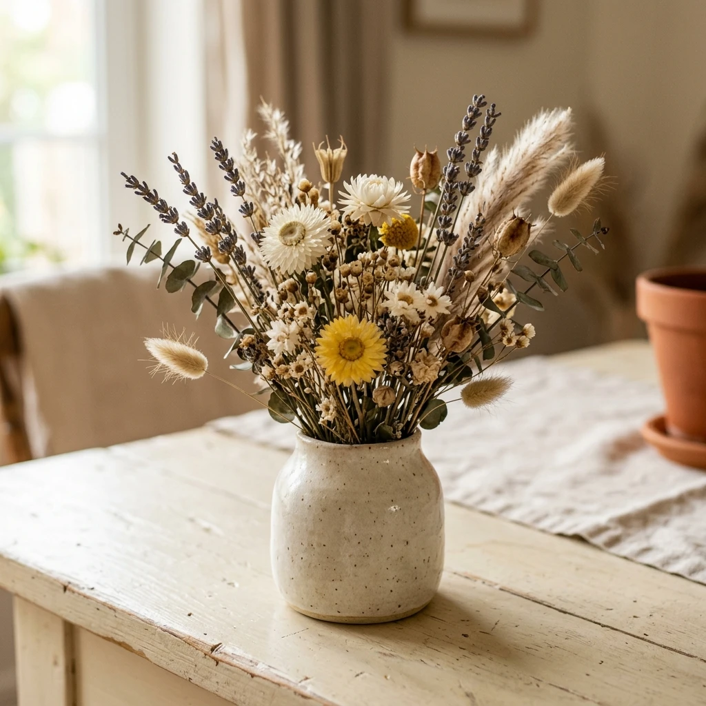 Vase en céramique avec fleurs séchées sur une table crème épurée