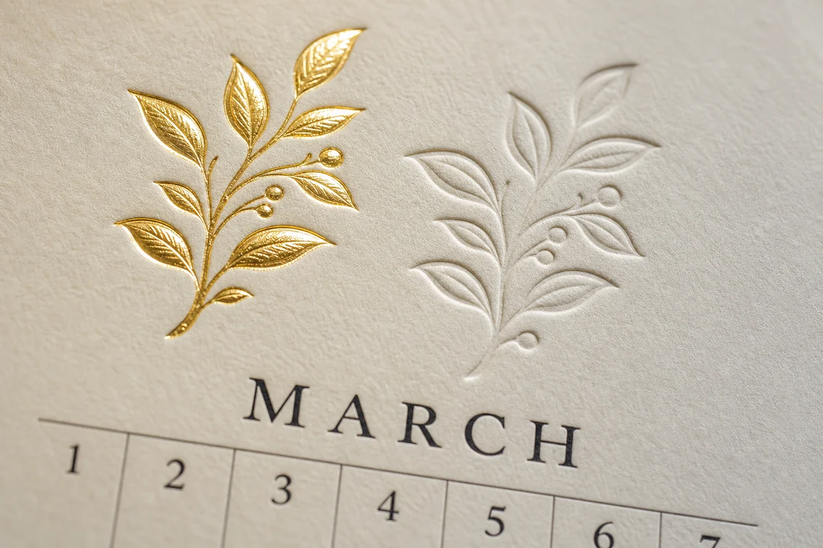 Foil Stamping and Blind Deboss Compared Gold foil stamping beside blind deboss on a calendar cover above the March date grid
