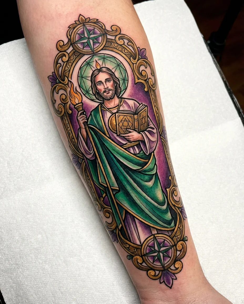 Neo-traditional Saint Jude tattoo jewel tones
