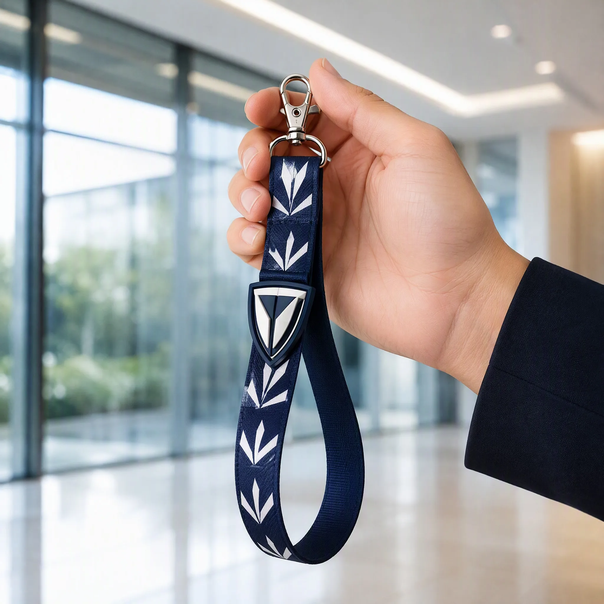 Hand holding 3D rubber logo lanyard by the metal clip in a modern office