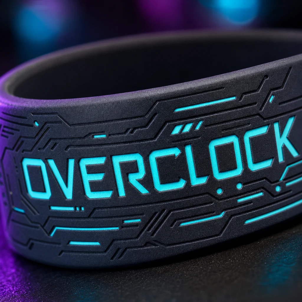 Macro close-up of esports silicone wristband with circuit board debossed infill