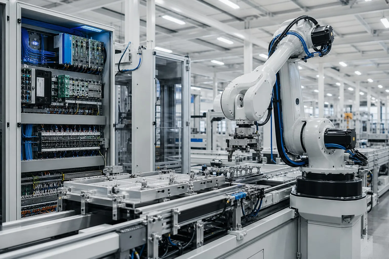 Industrial automation line with robotic arm and control cabinet