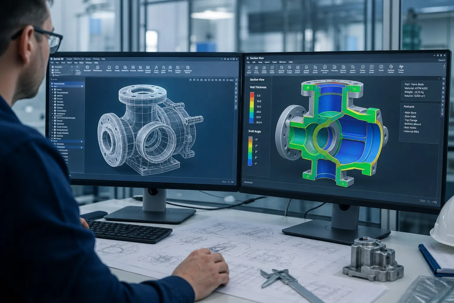 3D CAD model of complex industrial casting with cross-sectional analysis