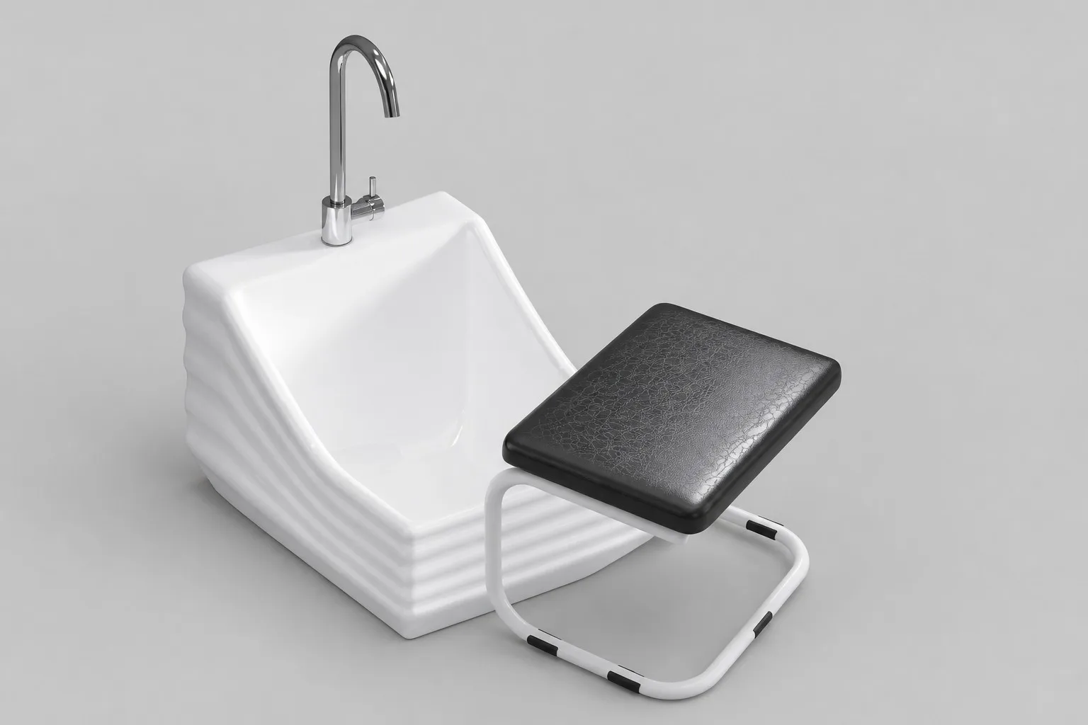 info-1-1 Low white ceramic wudu basin with a padded stool at accessible height