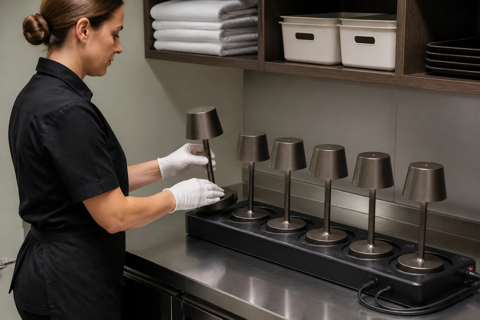 Hotel staff organizing generic cordless lamps on a commercial charging station