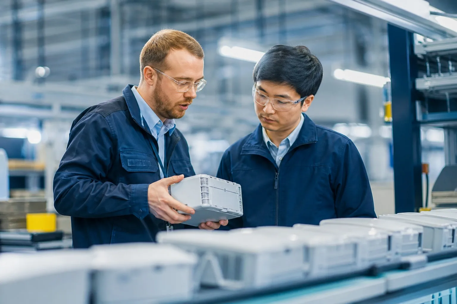 Engineer reviewing a prototype with a production technician at NPI