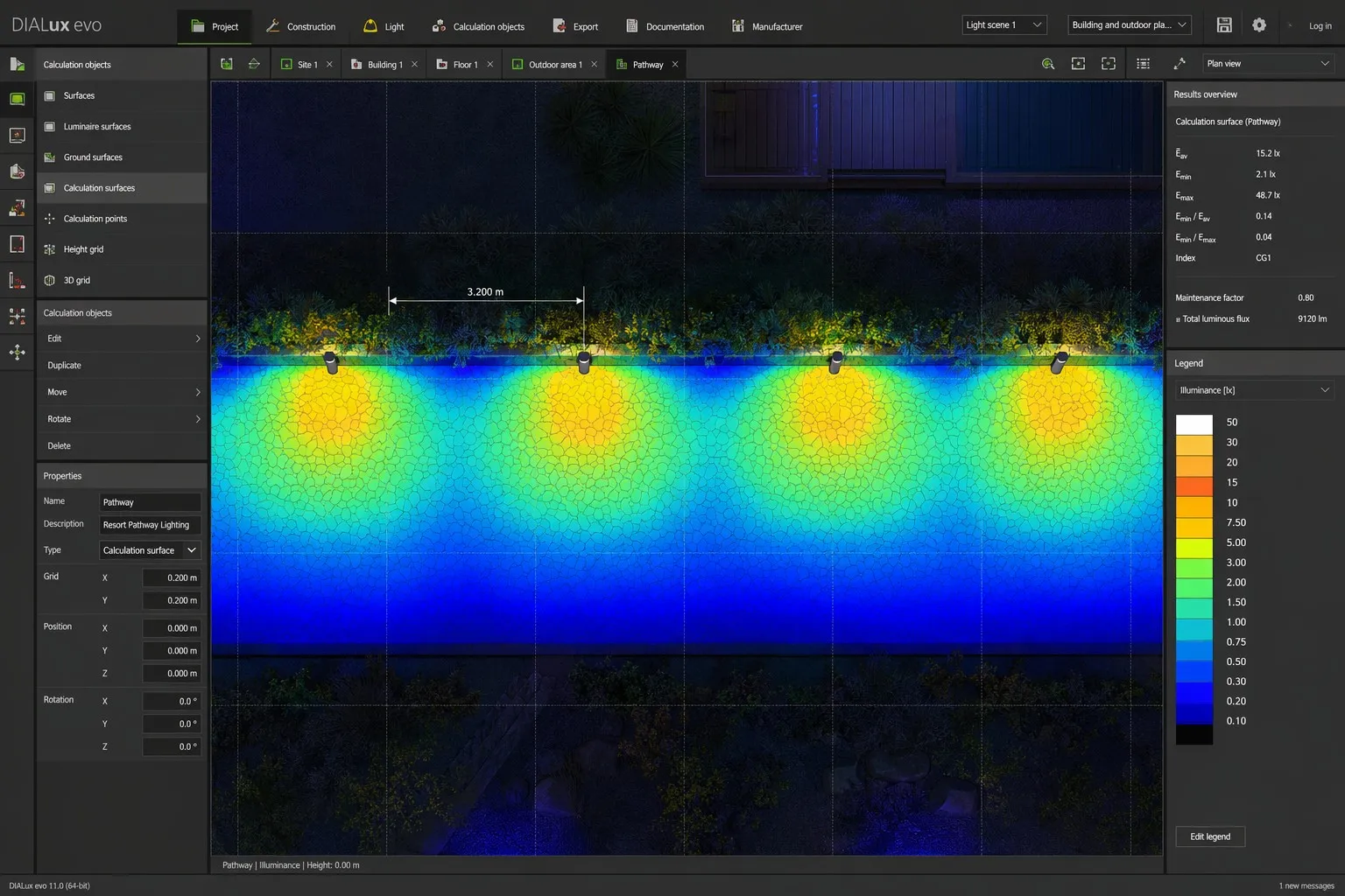 bollard-light-pathway-dialux-overlapping-illumination-calculation