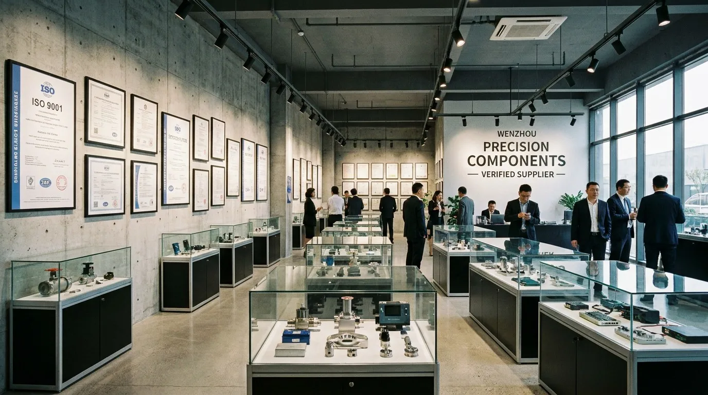 温州金品商家展示中心，高清产品展示与墙面挂满的ISO认证体系