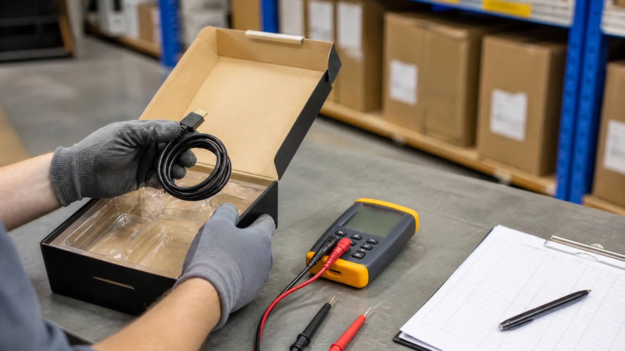 Returned HDMI cable in its box being inspected on a bench