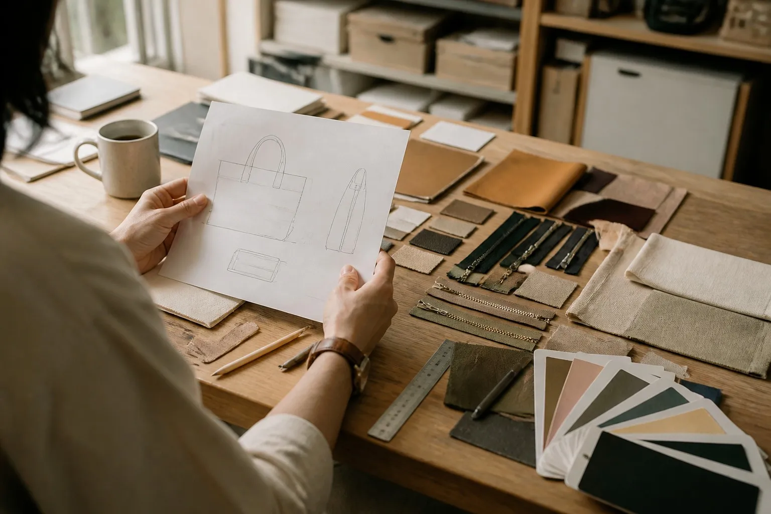 Bag designer hands holding a tech pack sketch with leather swatches and zipper samples on a wooden desk
