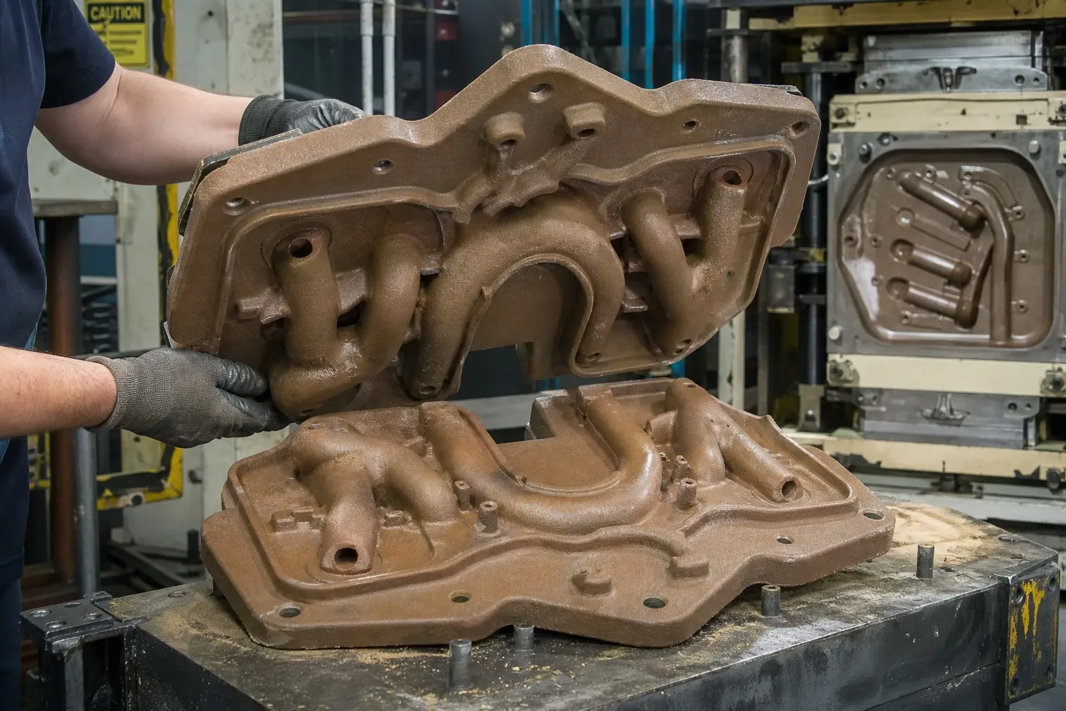 Thin resin-sand shell mold halves for exhaust manifold component in foundry