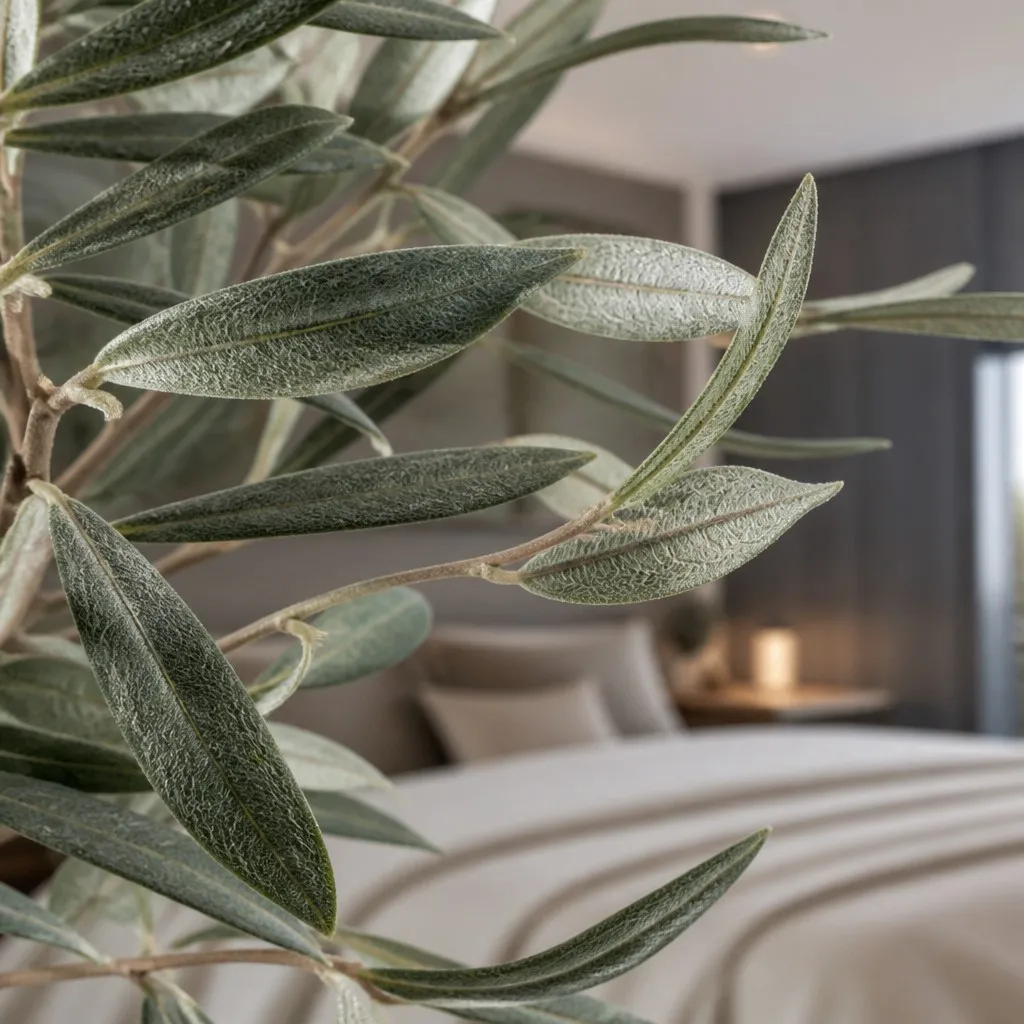 Close up of realistic textured leaves on a premium artificial olive tree showing silvery-green detail