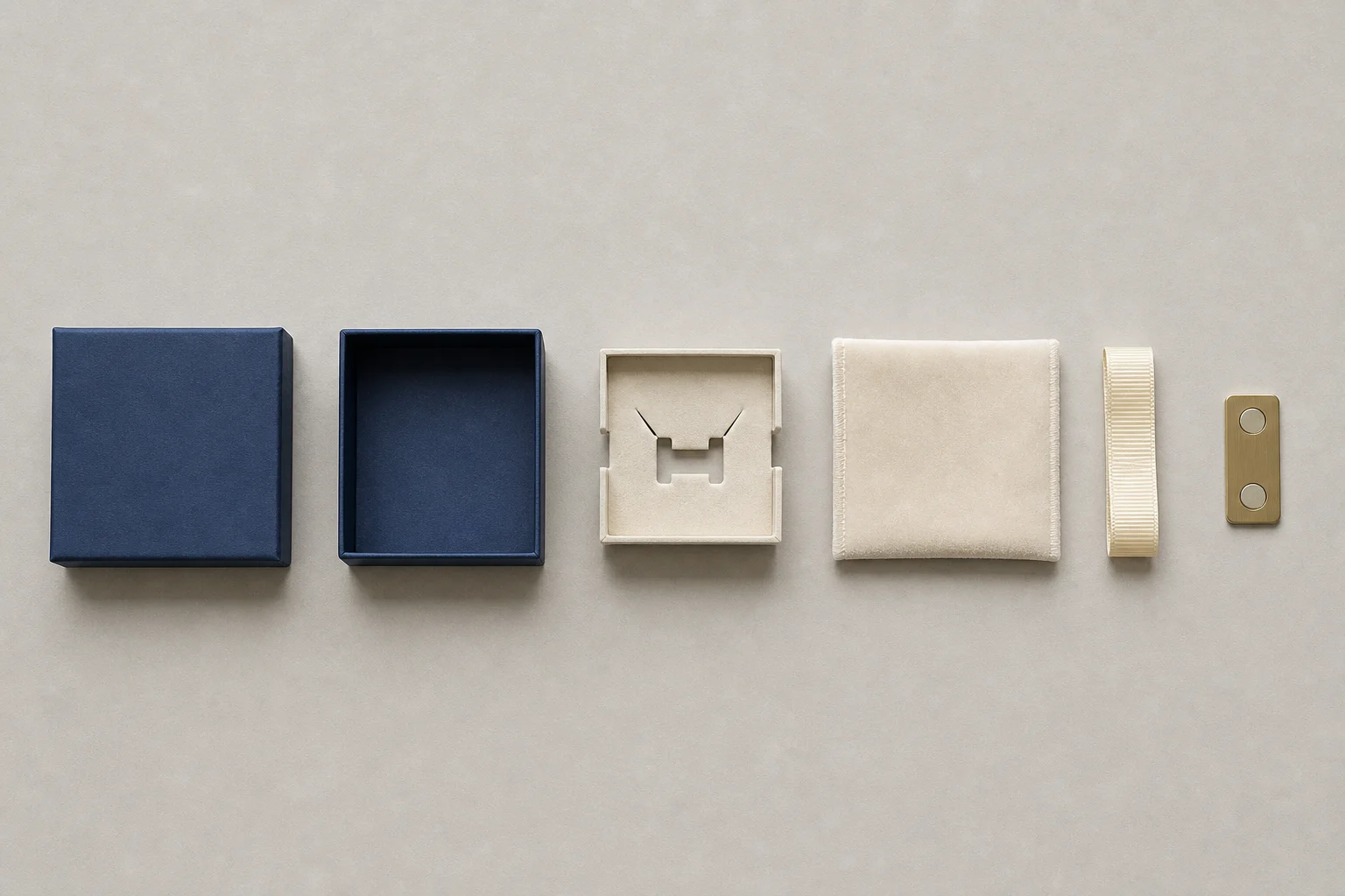 Overhead studio flat-lay on a pale warm-grey surface showing the six separated components of one small rigid jewelry box arranged in a horizontal row: a closed navy paper-wrapped lid, its matching open navy base, a cream die-cut board insert tray with a die-cut recess, a square of ivory velvet lining, a short length of ivory grosgrain ribbon, and a brushed-brass closure plate carrying two inset disc magnets