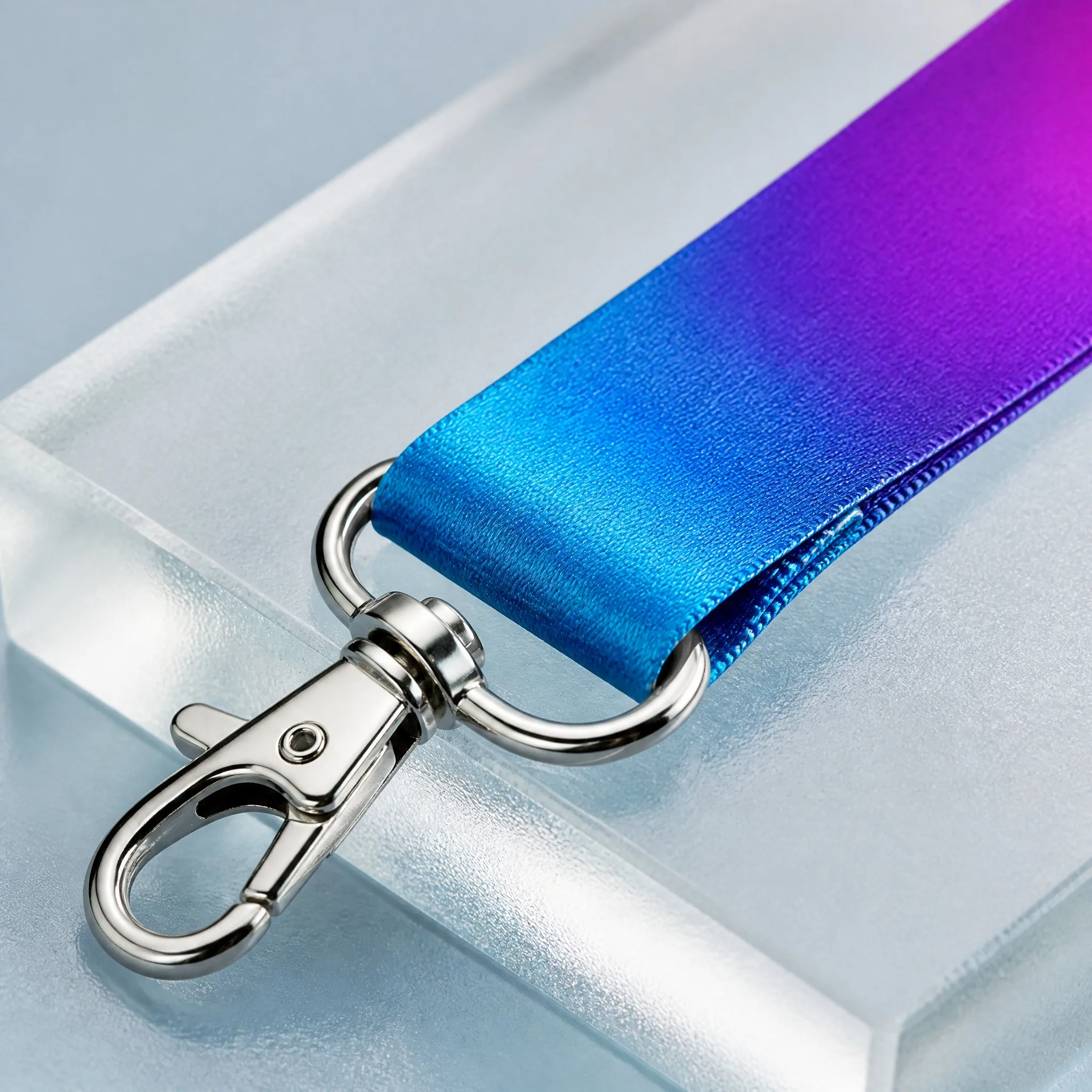 Close-up of seamless full-color gradient print and polished metal swivel clip
