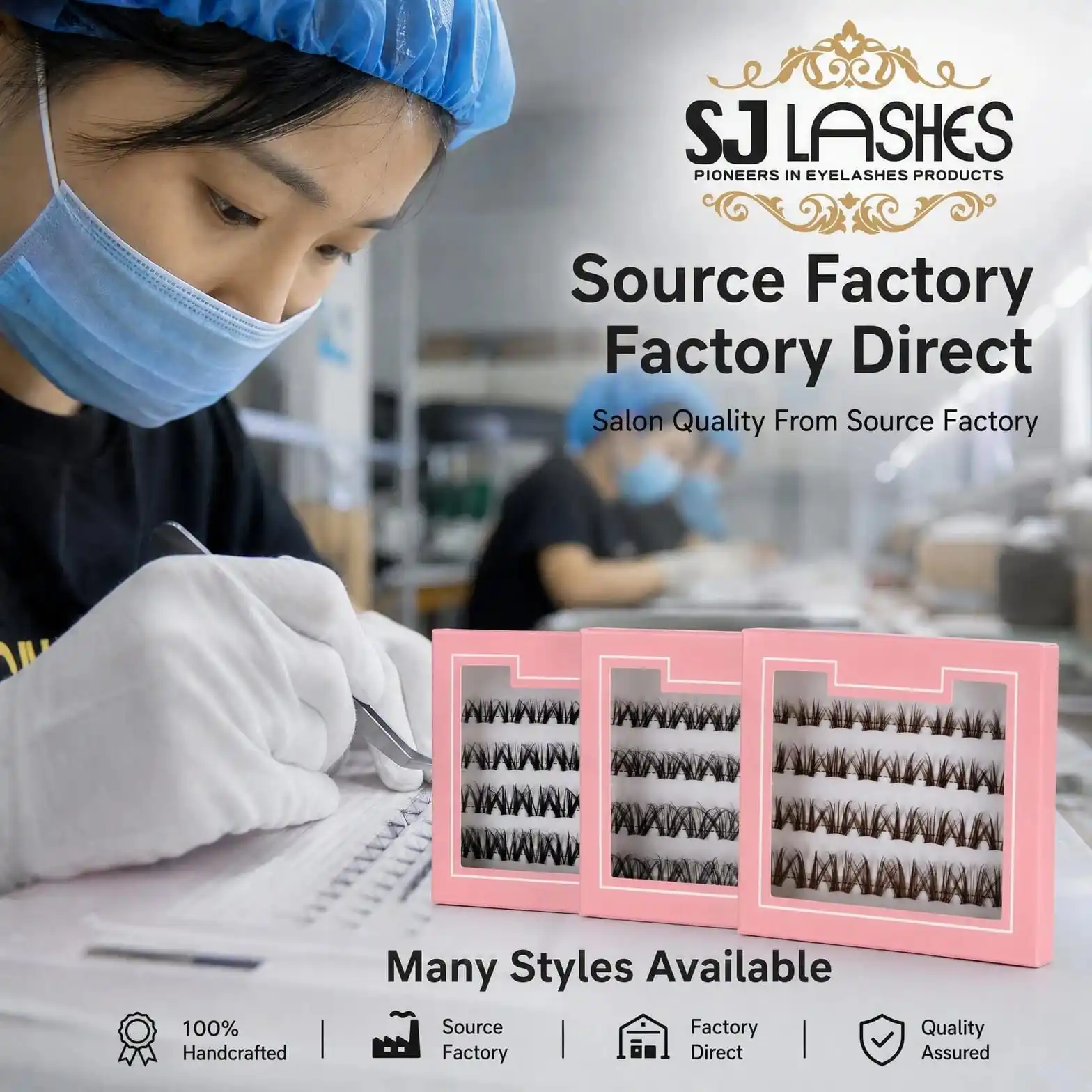 Three pink segmented lash boxes with pre-curved band clusters on a factory workbench with an artisan tweezer-working lashes in the foreground - source factory lash manufacturing