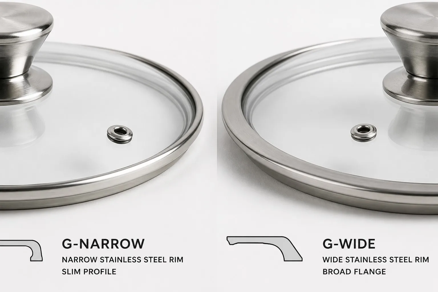Side-by-side comparison of narrow-rim and wide-rim tempered glass cookware lids showing stainless steel rim profile differences for OEM buyers
