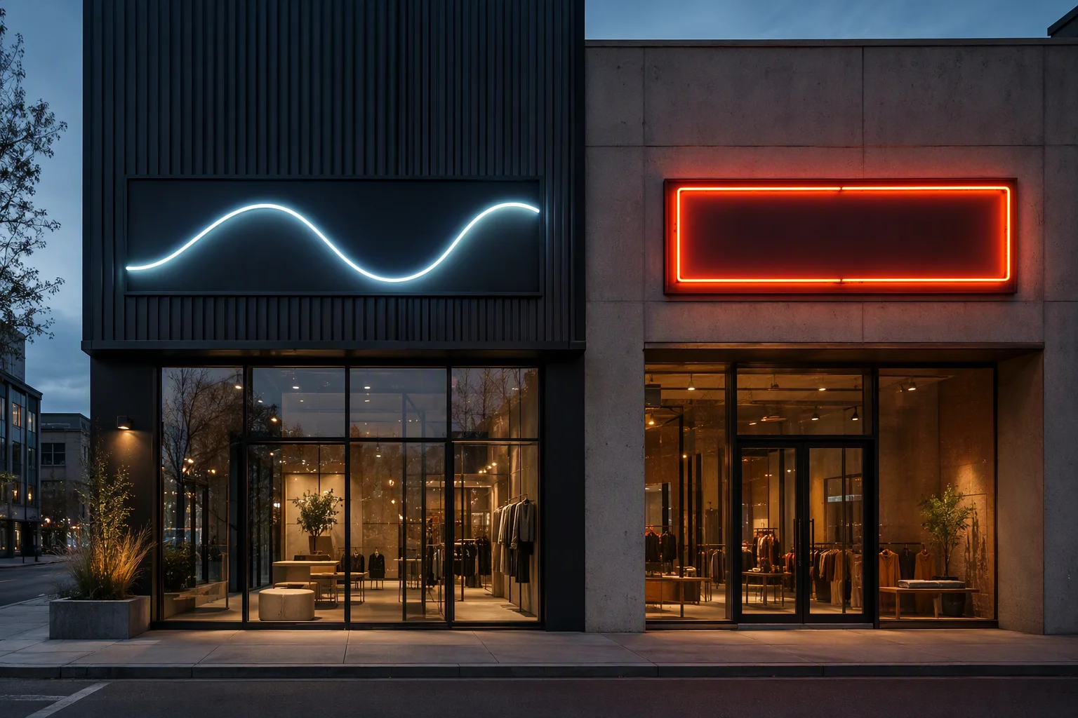 Separate LED Neon Flex and traditional neon installations on a modern storefront