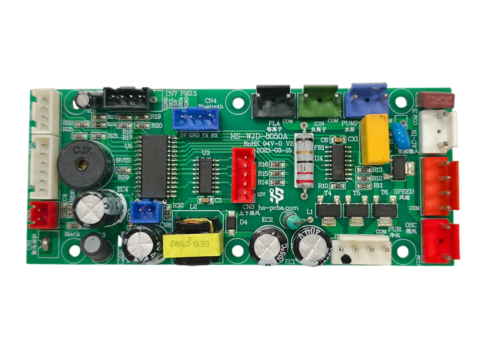 Green air purifier control board with bluetooth, PM2.5, negative-ion and fan-speed sections