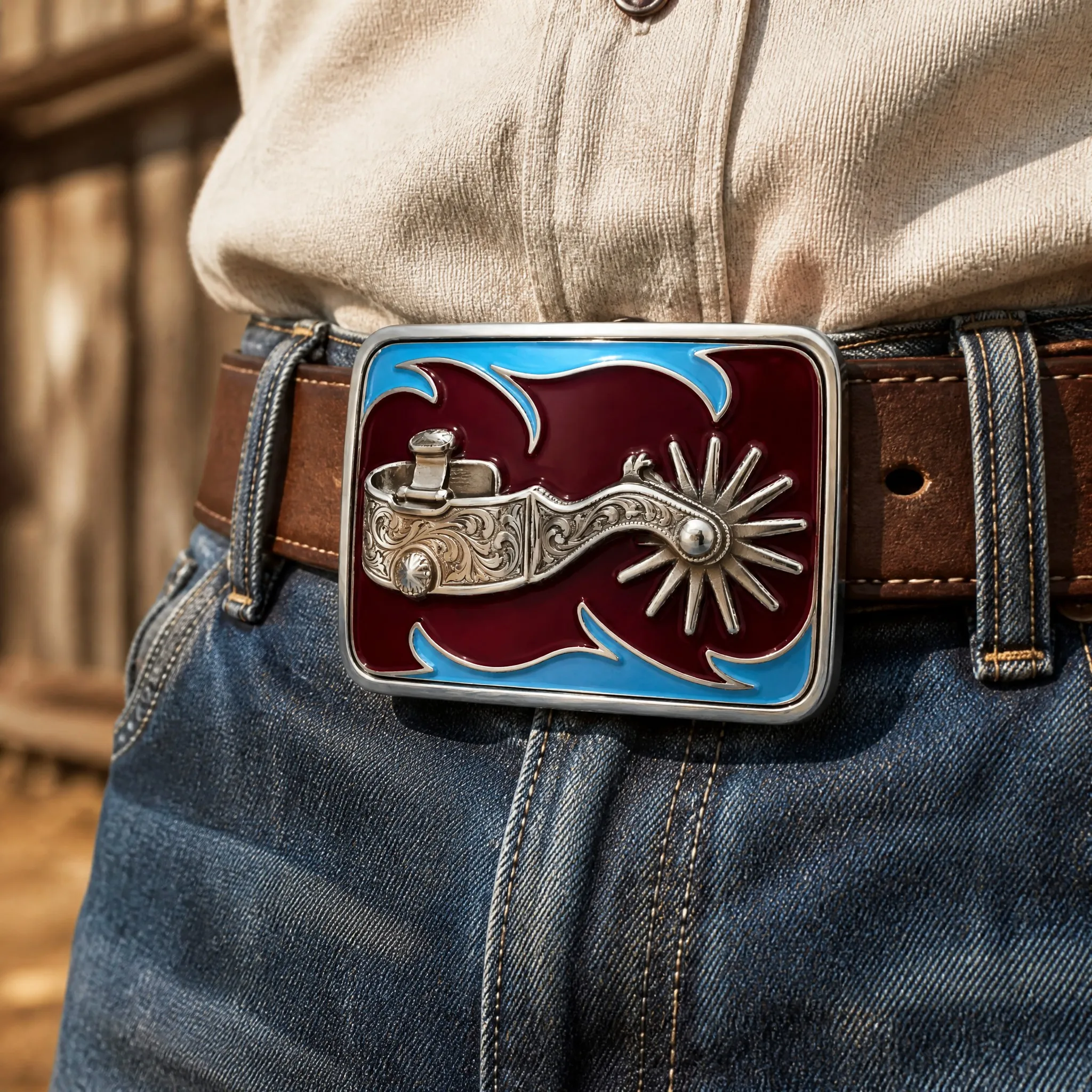 Hard enamel spur belt buckle on leather belt - Lifestyle