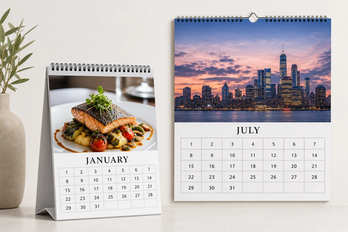 Desk Calendar and Wall Calendar Compared Triangular base desk calendar beside a hanger bar wall calendar, January and July grids