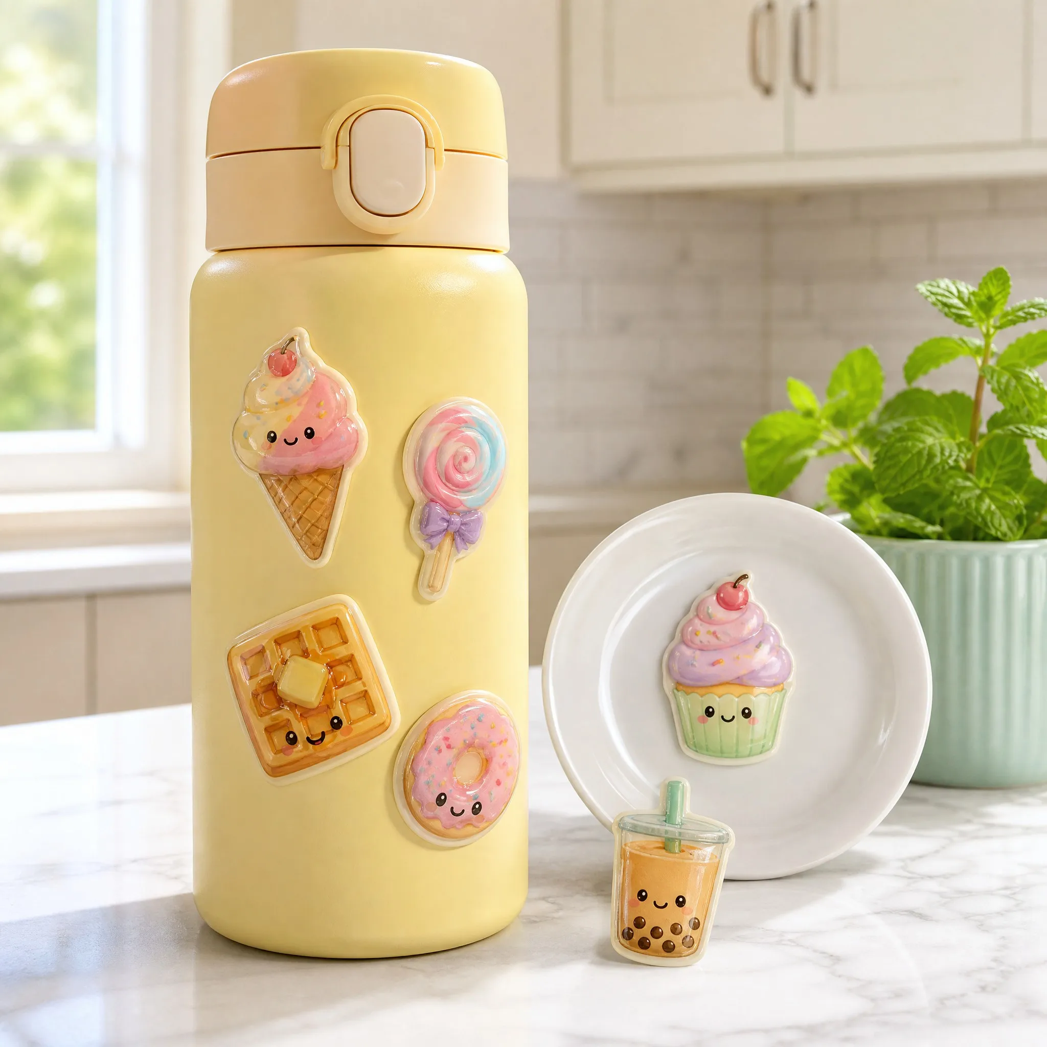 Epoxy domed stickers applied on a water bottle in a bright kitchen