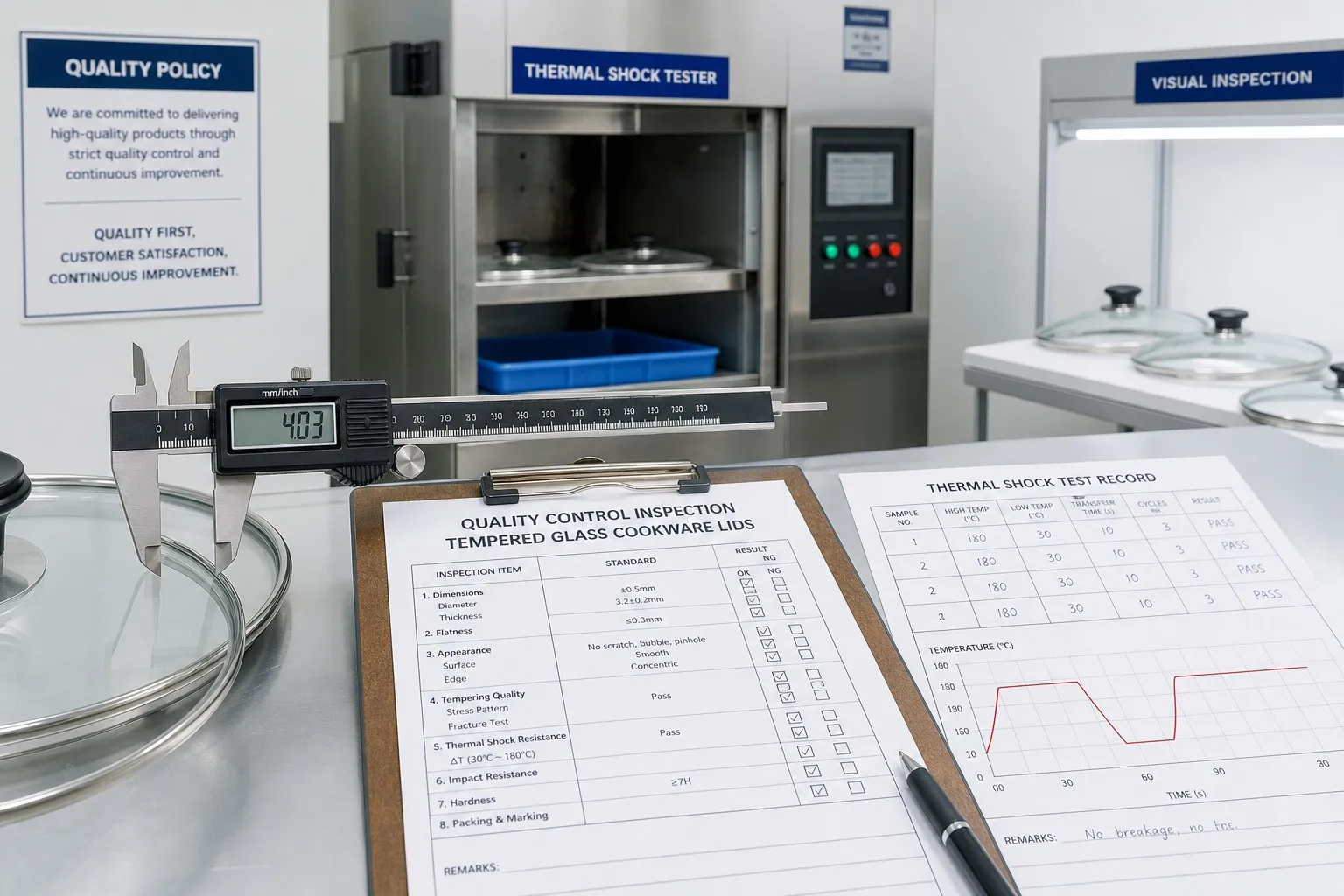 Quality control laboratory for tempered glass cookware lids showing thickness measurement and thermal shock testing equipment