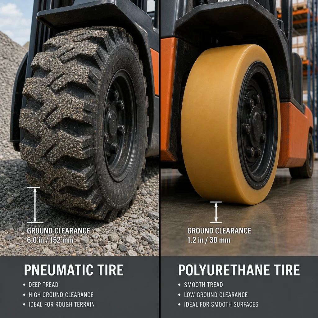 Comparison between deep-tread off-road forklift tire and smooth industrial warehouse tire