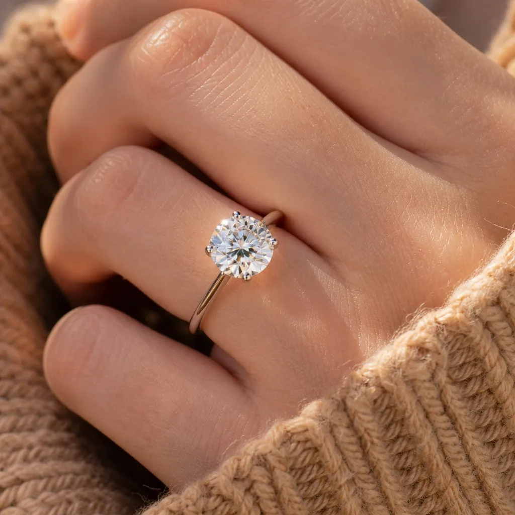 3-carat lab-grown diamond ring on a camel sweater background
