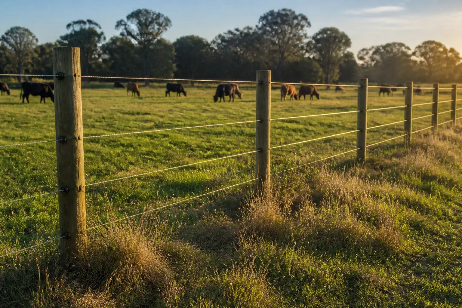 Multi-strand electric fence with grazing cattle