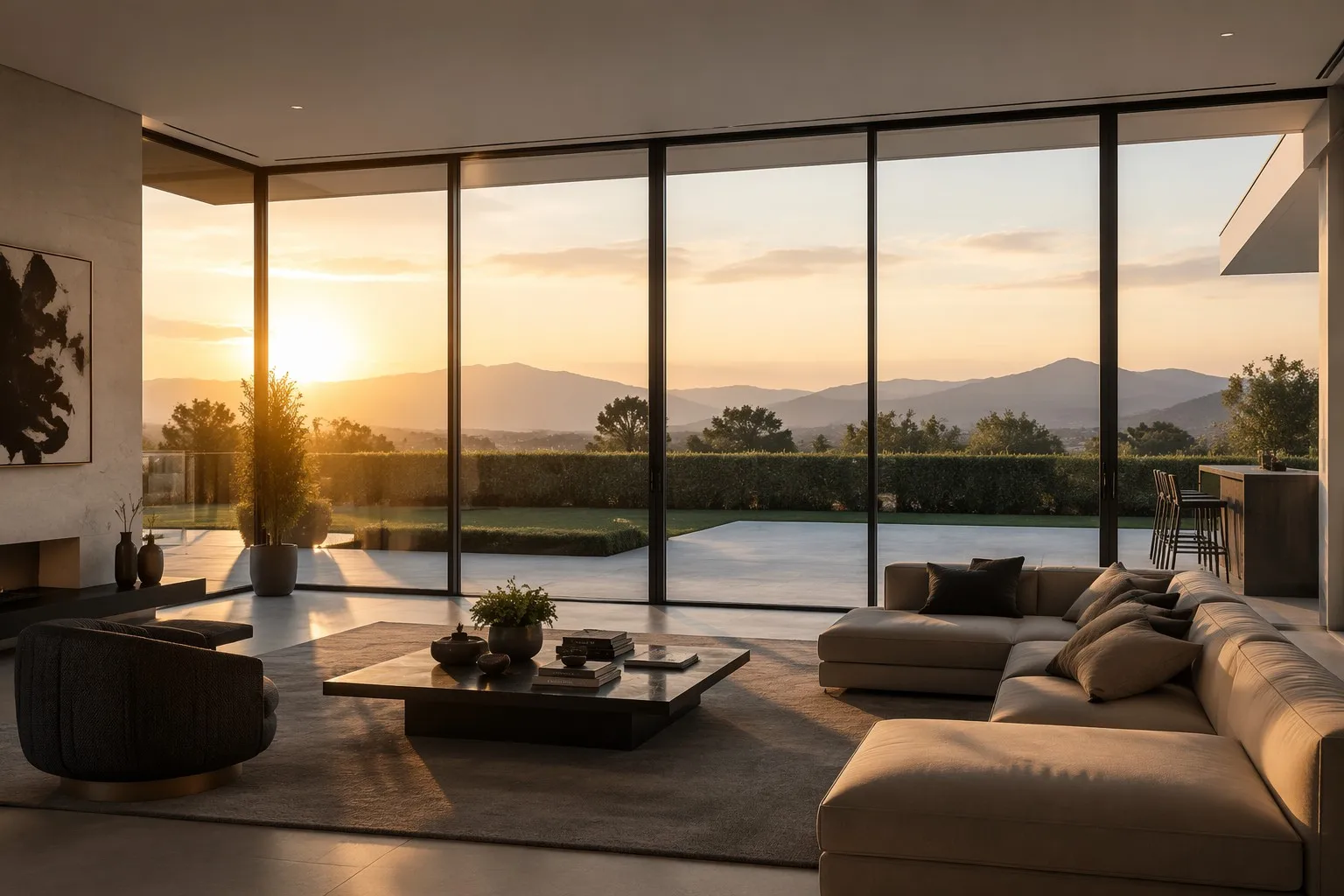 Luxury modern villa living room with floor-to-ceiling aluminum sliding windows panoramic garden sunset