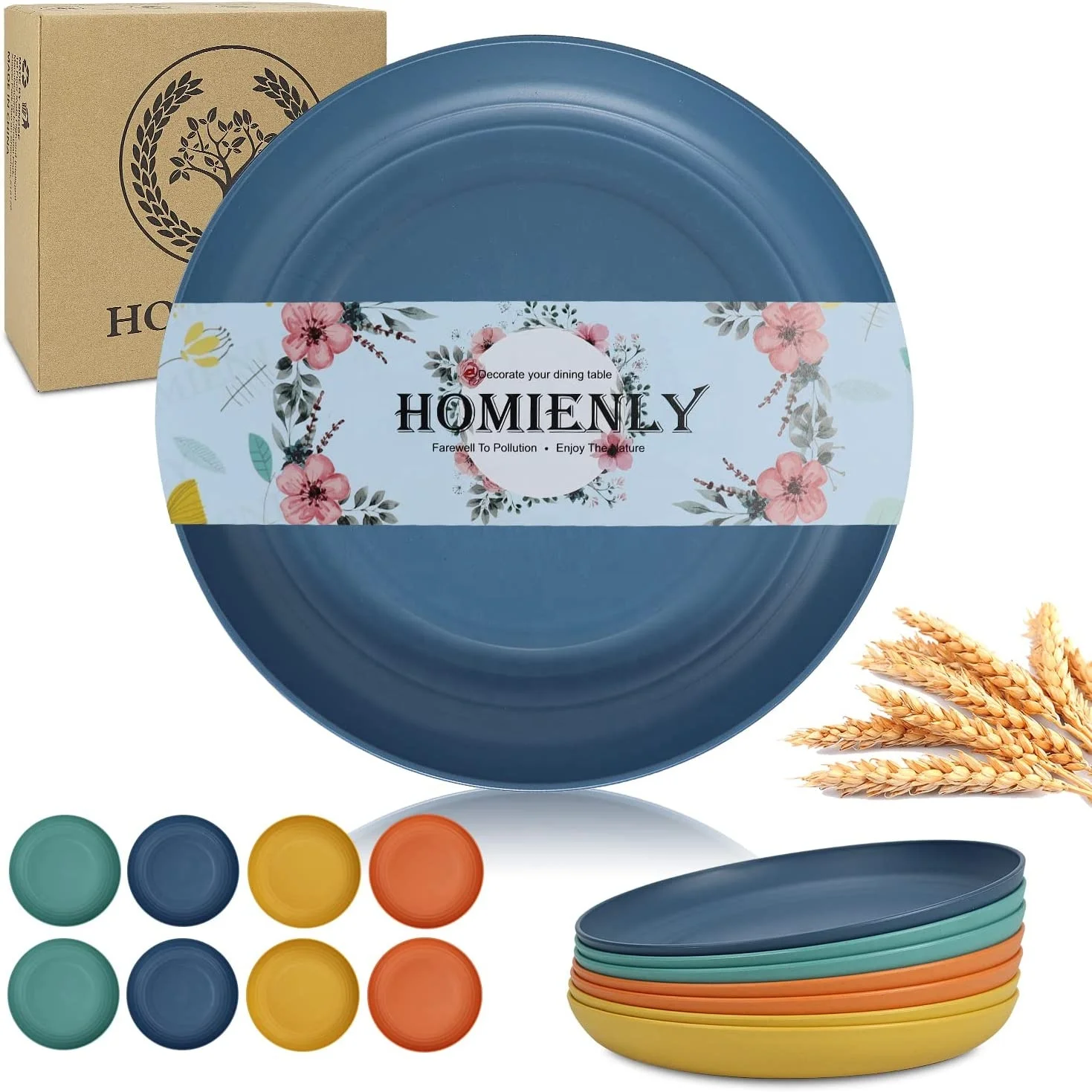 Customized 6pcs Hotel Serving Kitchen Home Wheat Straw Unbreakable Recycled Plastic Eco Friendly Dessert Dining Dish Plates Set