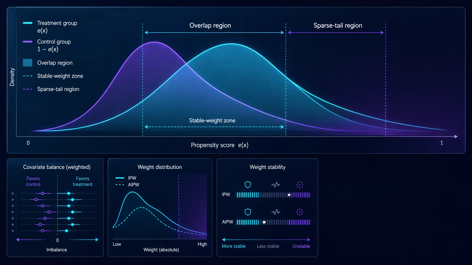 Abstract propensity score overlap and weight stability visualization for AIPW diagnostics
