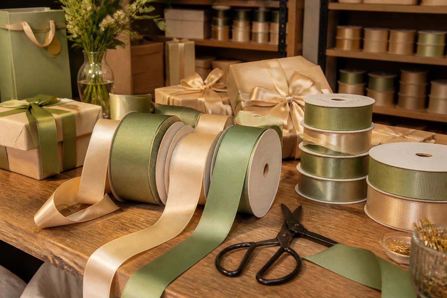 Gift packaging workstation with both satin and grosgrain ribbon rolls in multiple colors