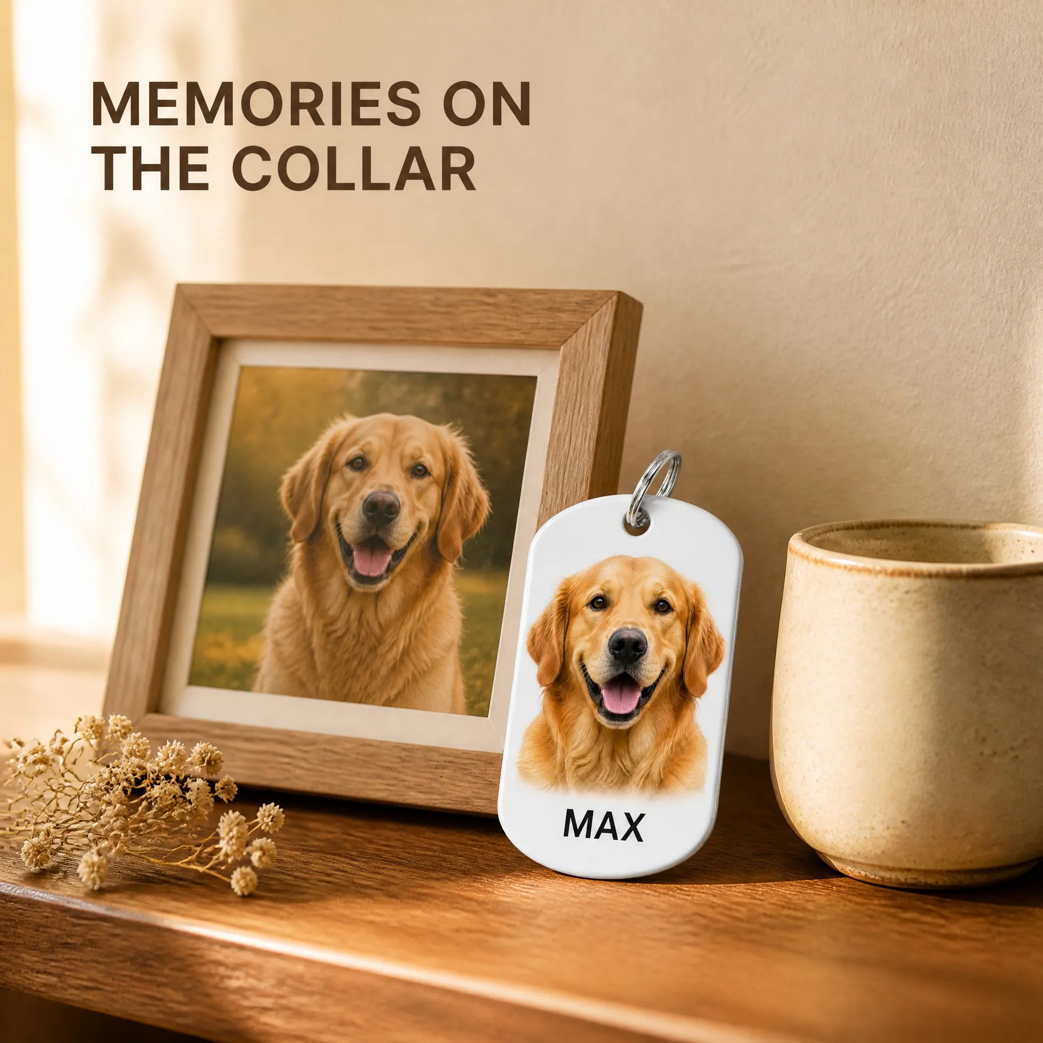 Photo dog tag displayed beside a framed pet photo - sentimental scene