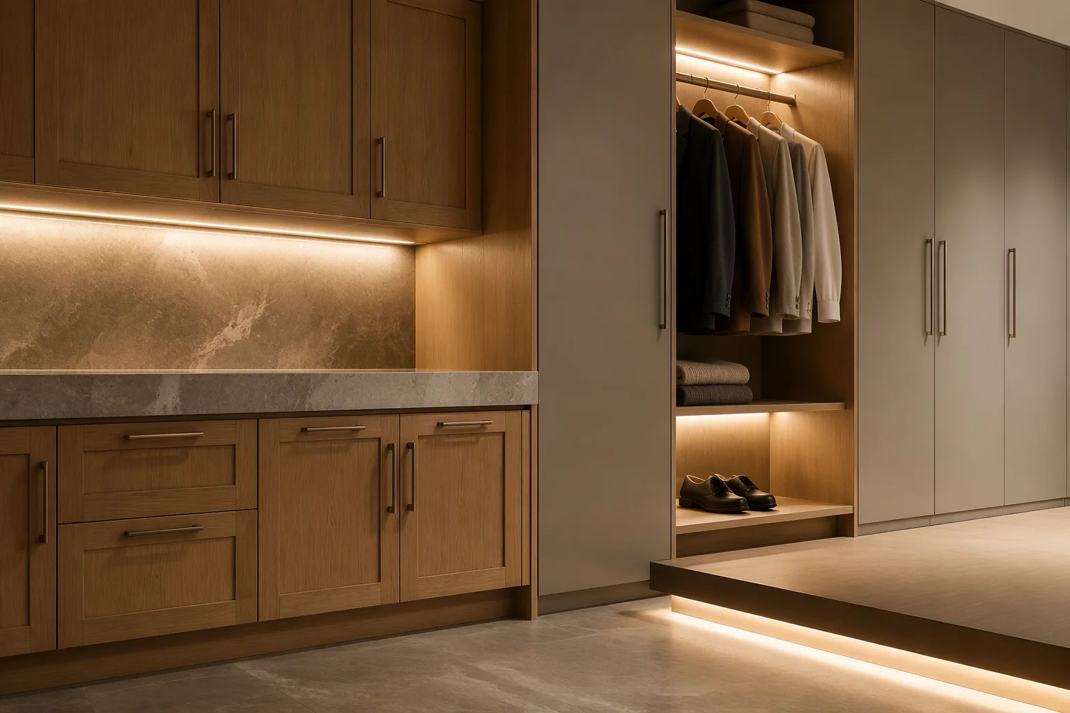 COB LED strips under kitchen cabinets, inside a wardrobe, and beneath a floating furniture panel