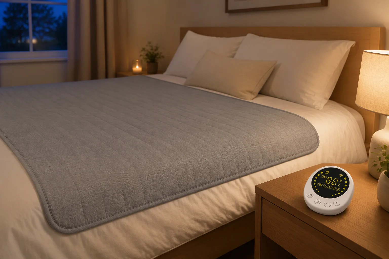 Water-heated blanket spread over a bed with the round remote on a nightstand in the evening