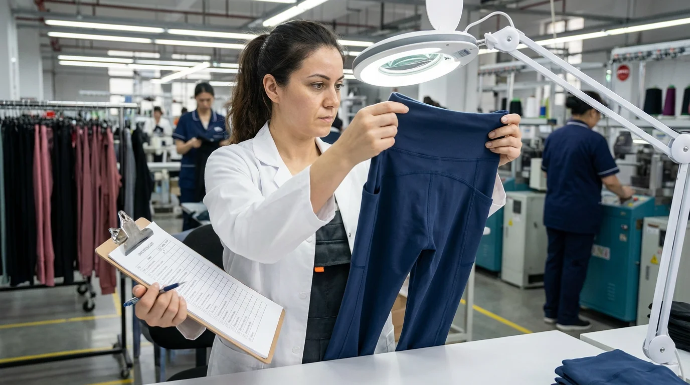 Quality control inspector checking finished activewear garments