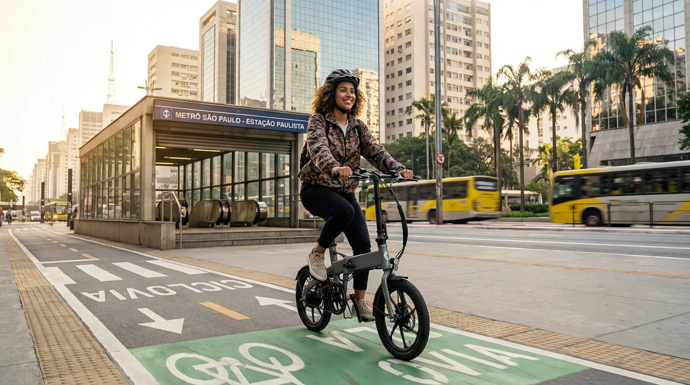 Mulher andando de e-bike dobrável saindo da estação de metrô em São Paulo