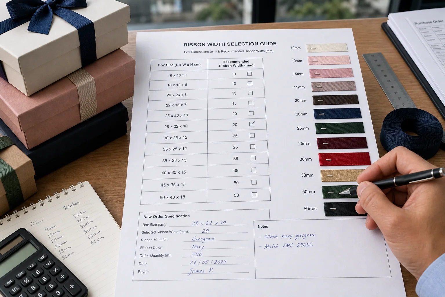 Buyer's ribbon width specification worksheet with sample swatches and box size reference table
