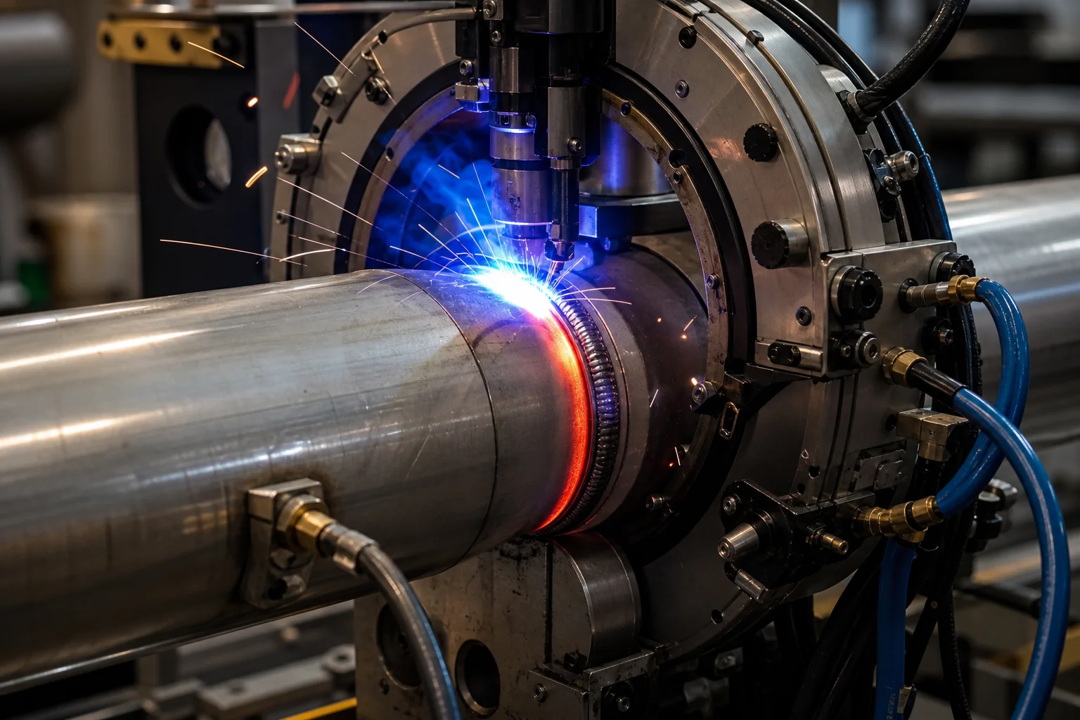 Automated orbital TIG welding of cast heat-resistant radiant tubes with bright blue electric arc