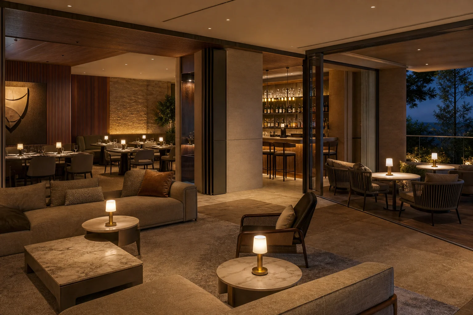 Hotel zone deployment with cordless table lamps across lobby, restaurant and terrace areas