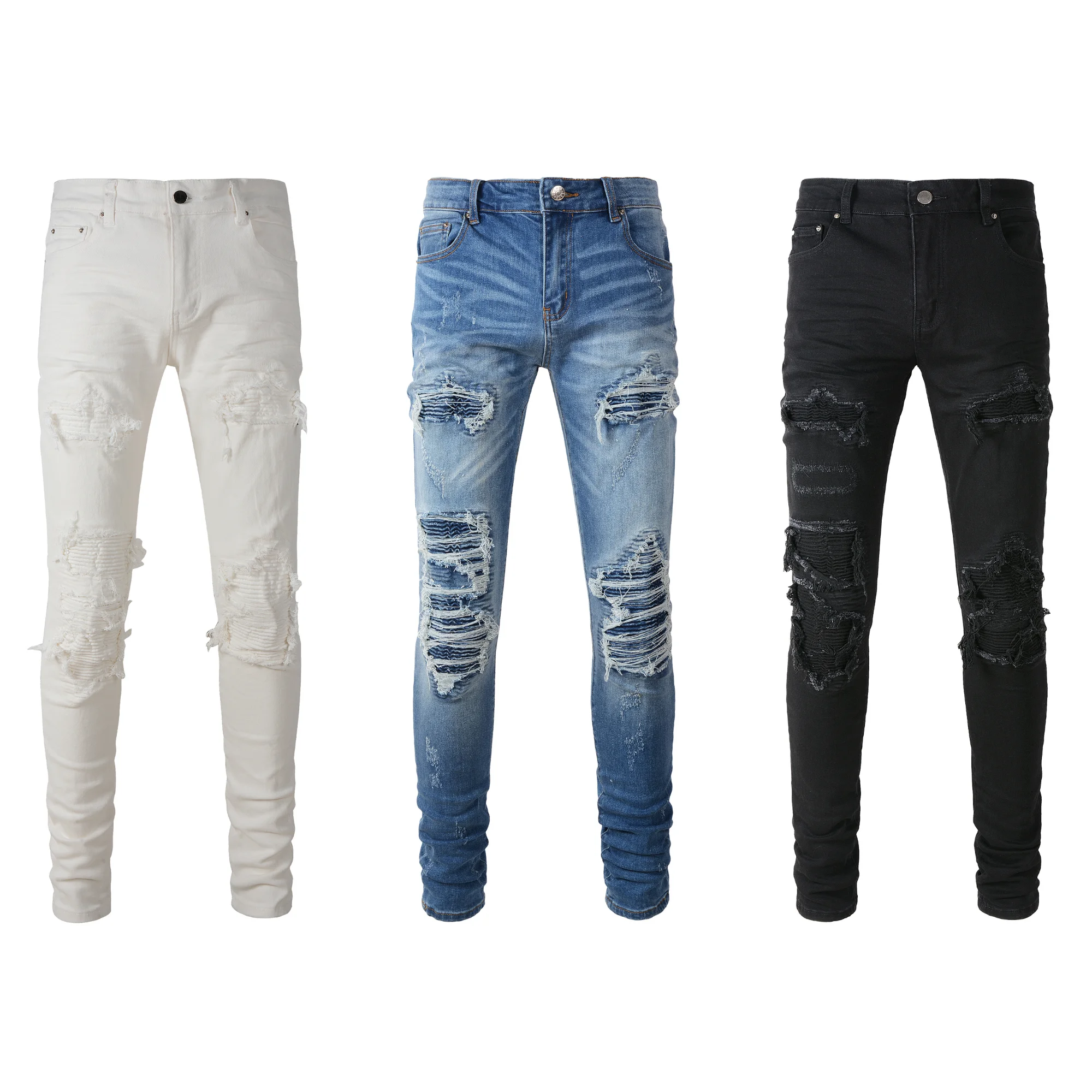 

Wholesale Dropshipping Ripped Distressed Ribbed Repaired Patched Slim Designer Men Denim Jeans