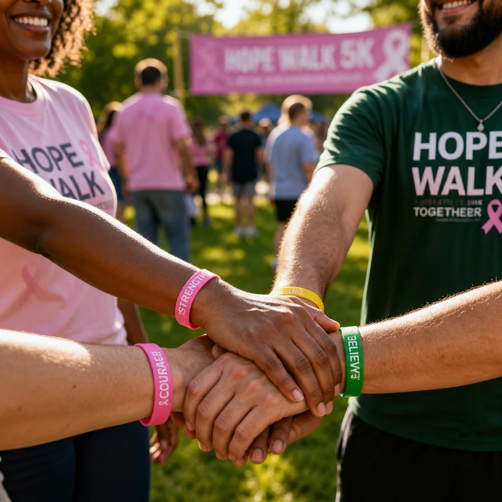 Charity run volunteers wearing awareness wristbands in sunlight