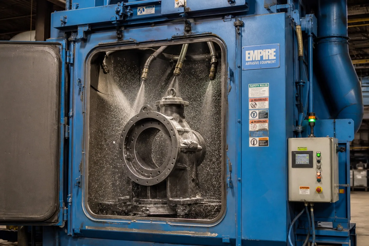 Large steel casting being shot blasted in industrial blasting machine
