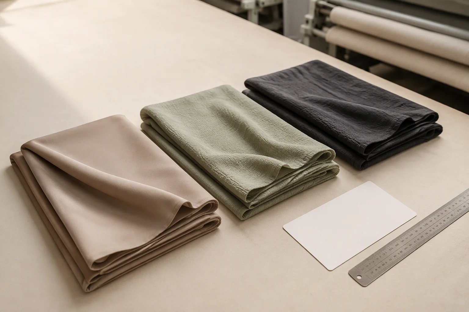 Hijab fabric moving through a factory finishing line with softener bath, calendering rollers, and drape test on a hanging swatch