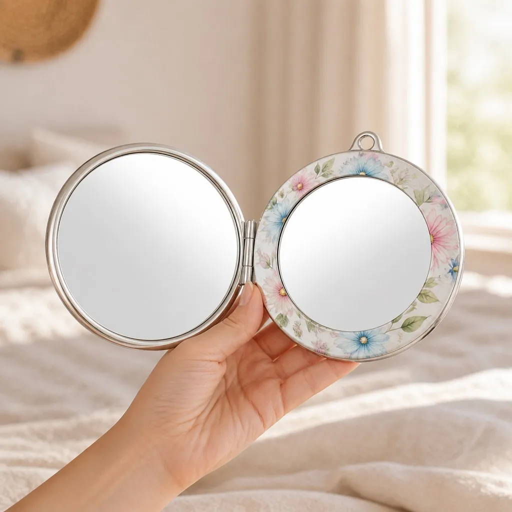 Holding the UV printed stainless steel makeup mirror in hand