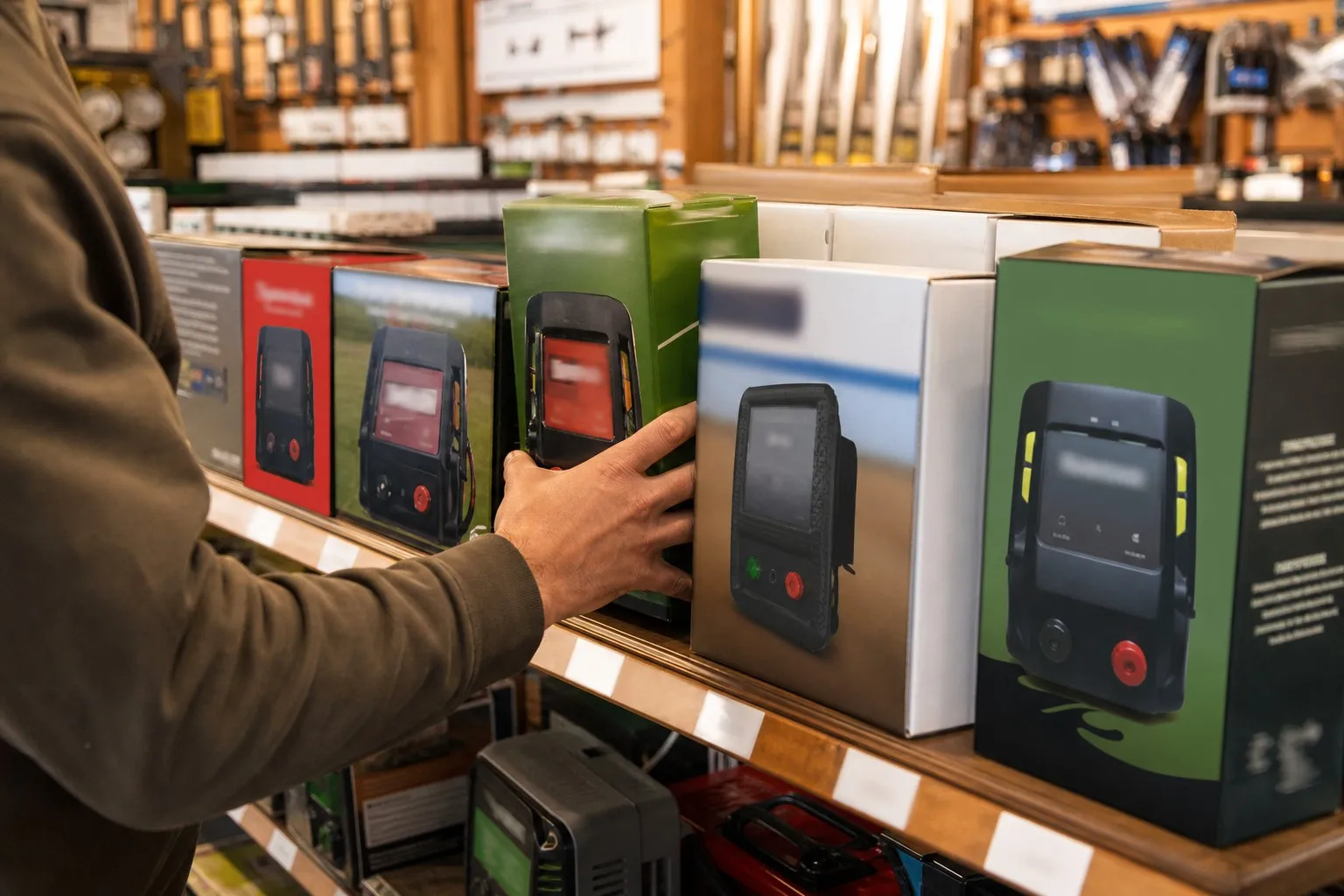 Different electric fence energizer brands displayed on a farm store shelf