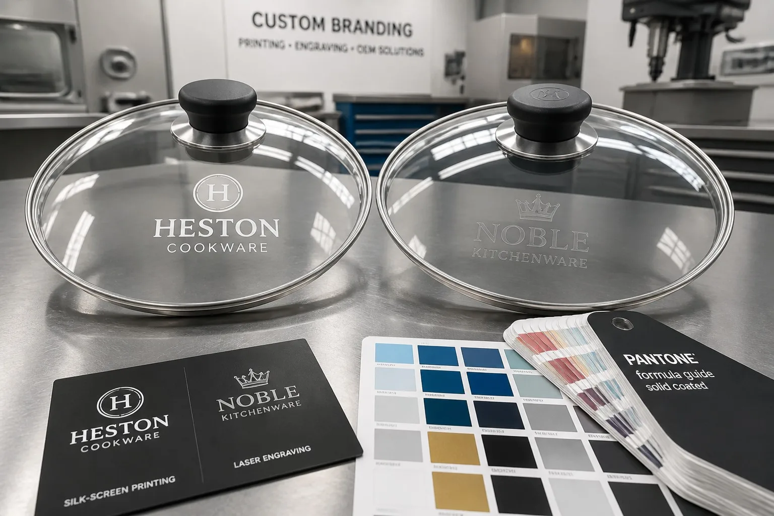 Custom logo tempered glass cookware lids showing silk-screen and laser engraving branding options in OEM factory setting