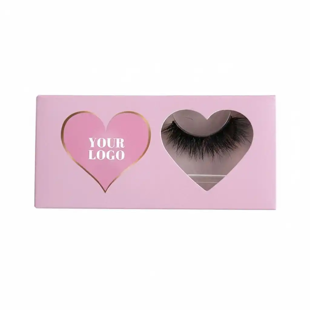 Pink single pair lash box with a gold foil outlined heart beside a heart shaped window showing one pair of lashes, with white YOUR LOGO text inside the foil heart - hot foil lash box