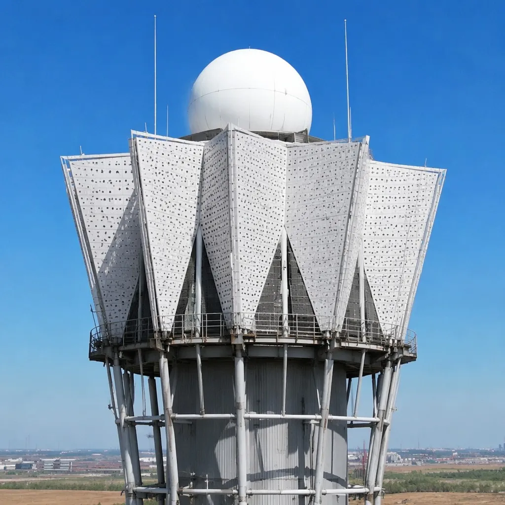 White spherical radome and upper panels on a cylindrical radar tower